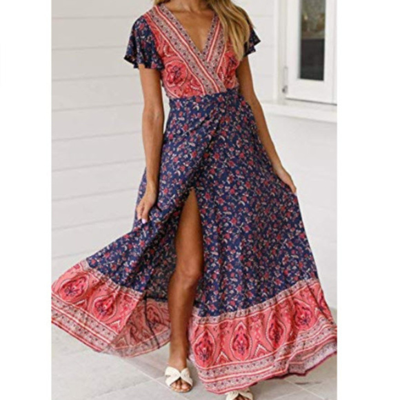 sexy boho floral Printed Wrap v-neck dress SIZE L - Picture 2 of 8